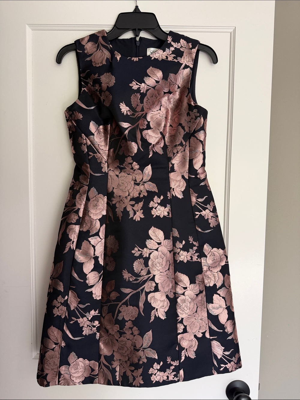 Eliza J Navy Dress with Rose Gold Floral Jacquard